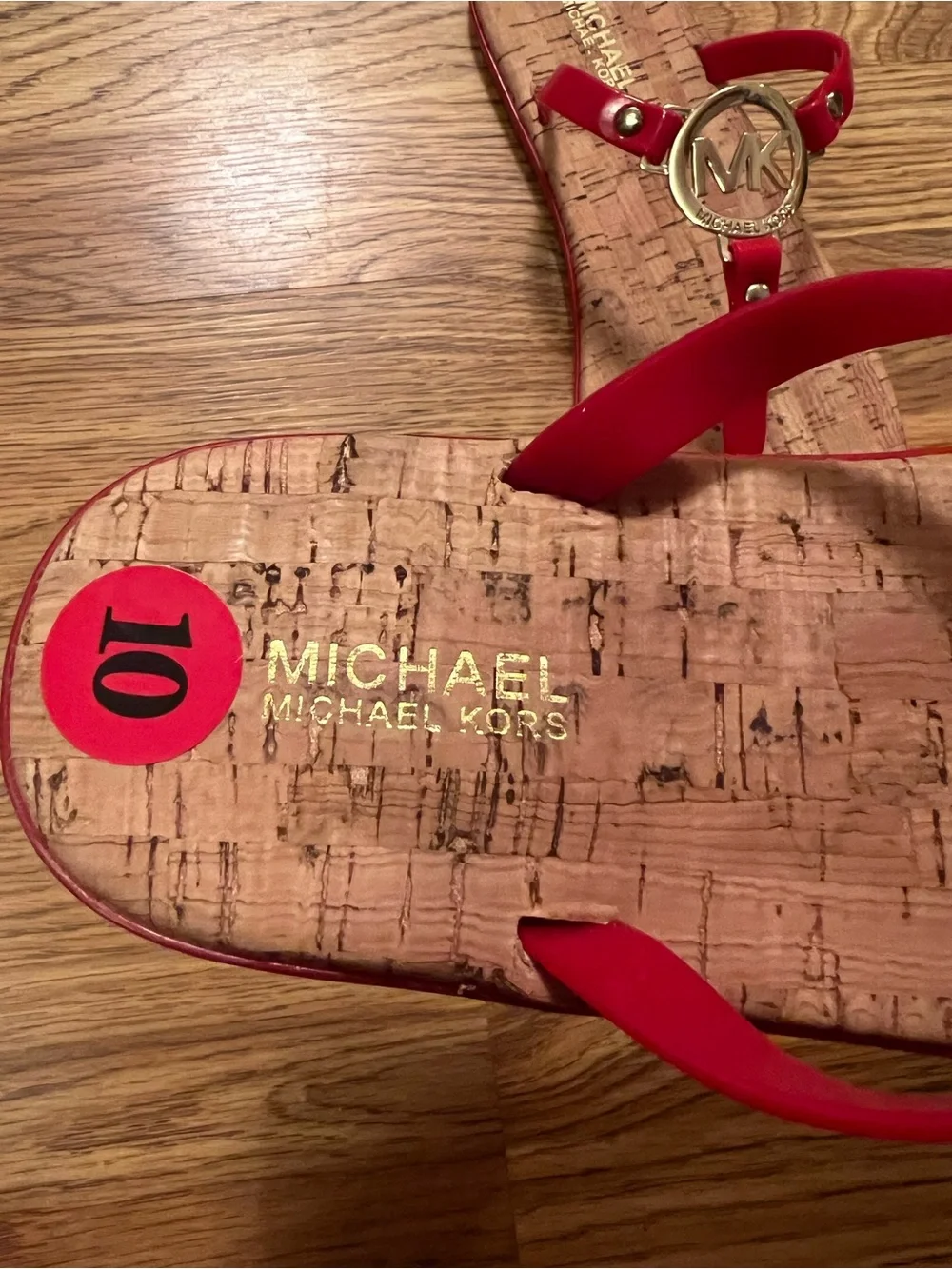 Michael Kors Red Logo Charm Jelly T-Strap Cork Sandals/Flip Flops.